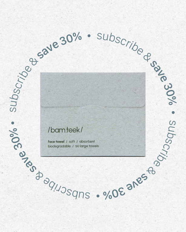 Bamteek Face Towel packaging showcasing soft, absorbent, biodegradable materials and a promotional save 30% offer.