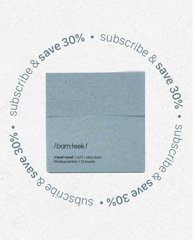 Travel Towel package by Bamteek featuring biodegradable, soft, and absorbent towels for convenient skincare.