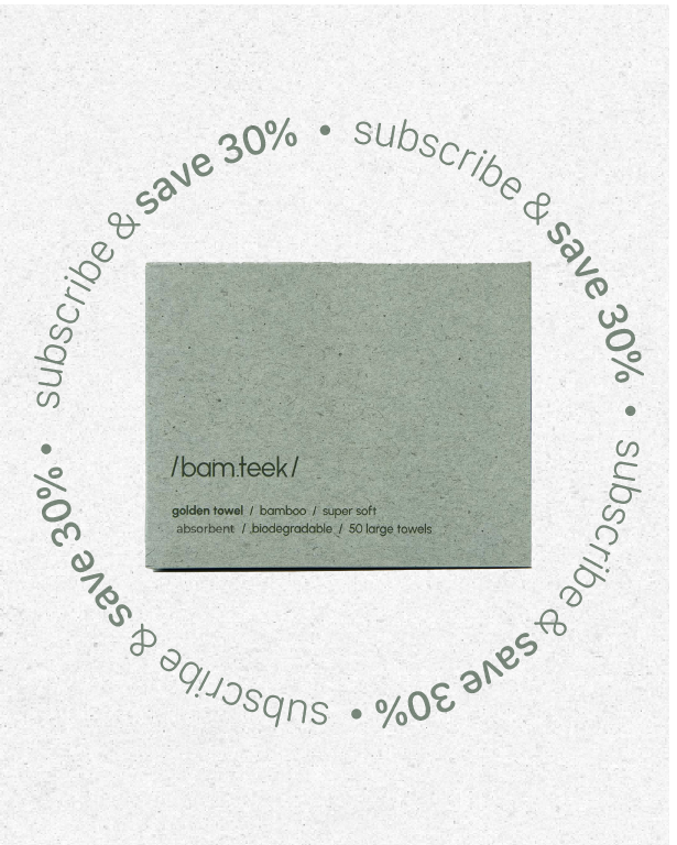 Bamboo Golden Towel product card highlighting 50 super soft, biodegradable, and absorbent towels with a 30% subscription offer.