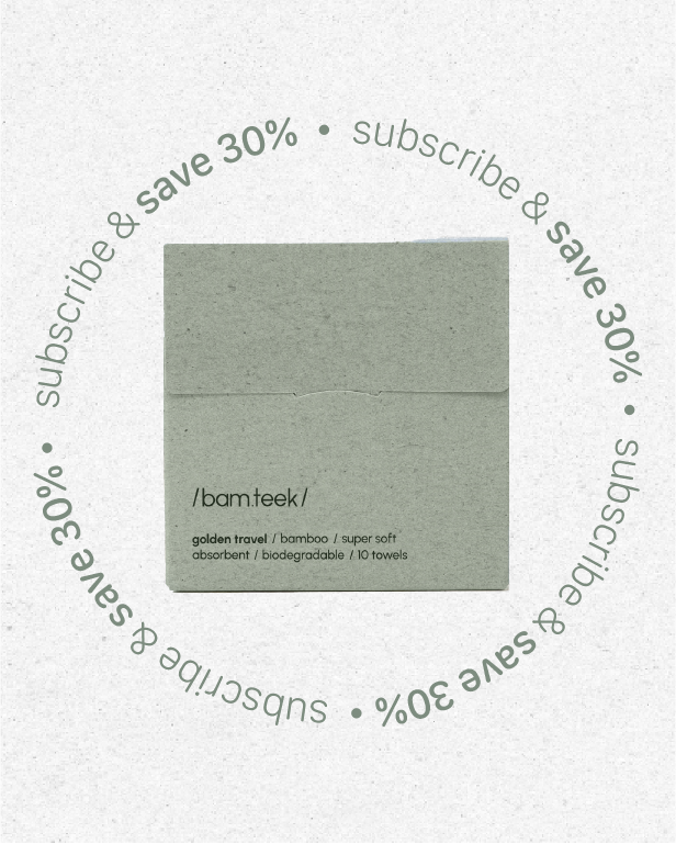 Golden Travel towels by Bamteek, biodegradable, soft, and absorbent, featured packaging for sensitive skincare.